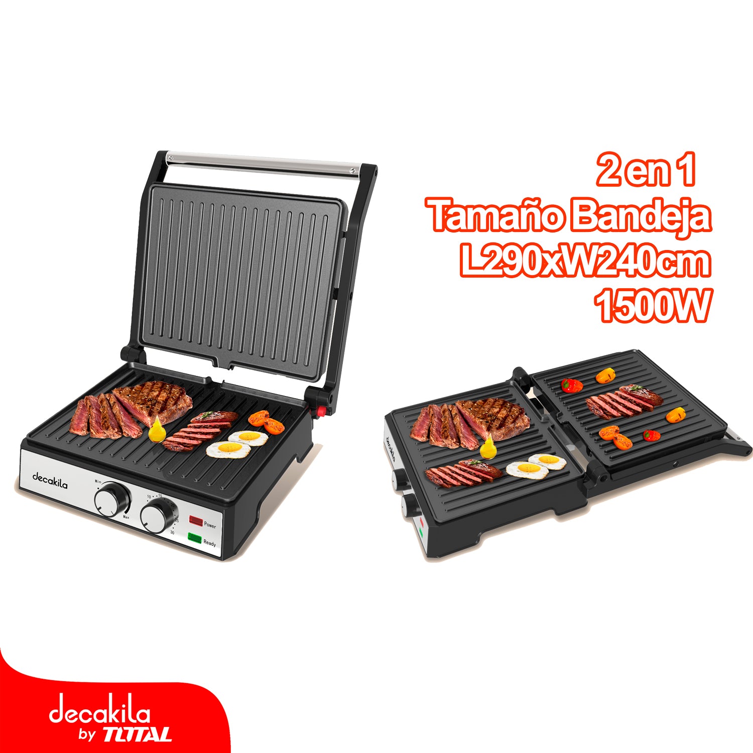 Plancha eléctrica con Control de Temperatura y temporizador - 1500W, L290xW240mm. 4 rebanadas. Grill