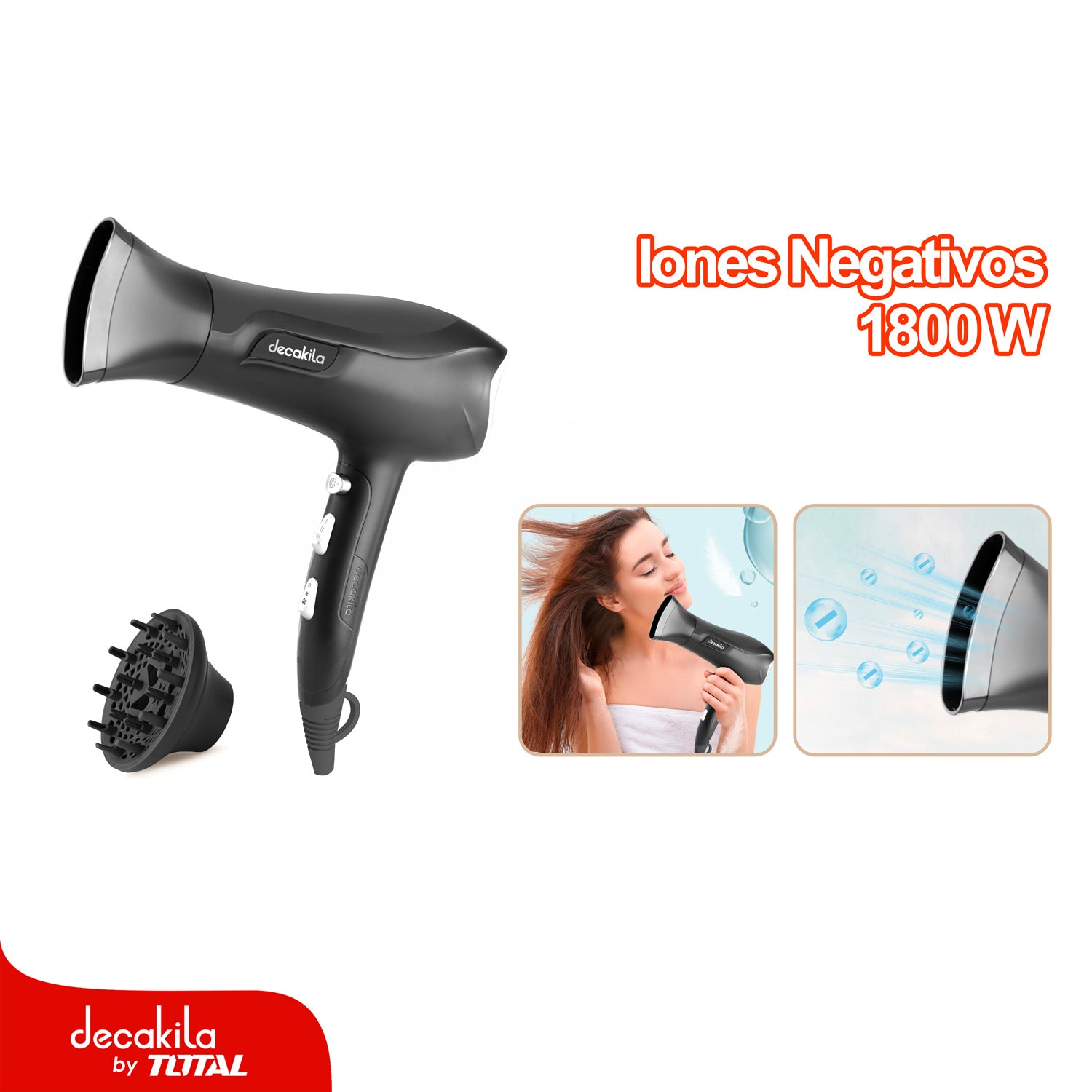 Secador de cabello 1800W (Función de ionizado) 2 velocidades. Incluye accesorios. Blower.