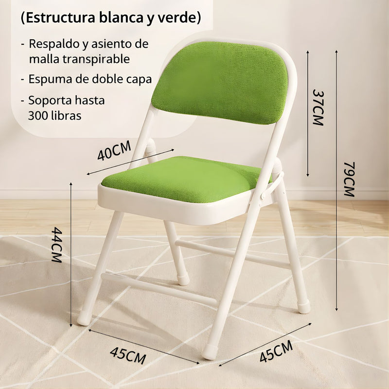 Silla Plegable Reforzada En Acero (79×45×45Cm). Marco Blanco Y Asiento verde de Malla Transpirable. Soporta hasta 150kg.