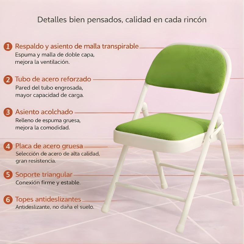 Silla Plegable Reforzada En Acero (79×45×45Cm). Marco Blanco Y Asiento verde de Malla Transpirable. Soporta hasta 150kg.
