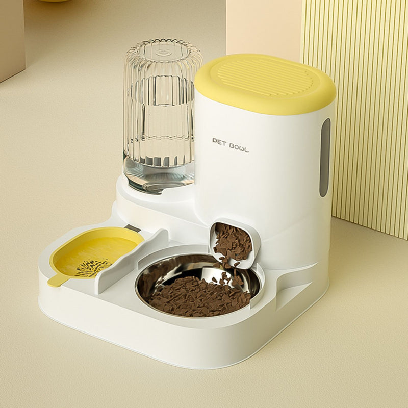 Dispensador de comida automático para mascotas. Bebedero Integrado 1.8L.  Alimentador por gravedad. Tazón de acero inoxidable.