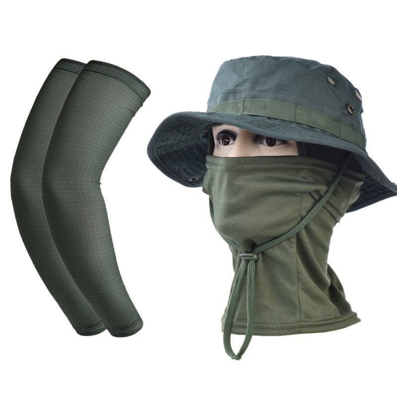 Sombrero Táctico Boonie con Protector Facial Y Mangas de Brazo. Sombrero De Pesca Talla Única,Transpirable, Anti-UV, Secado Rápido. Color Verde.