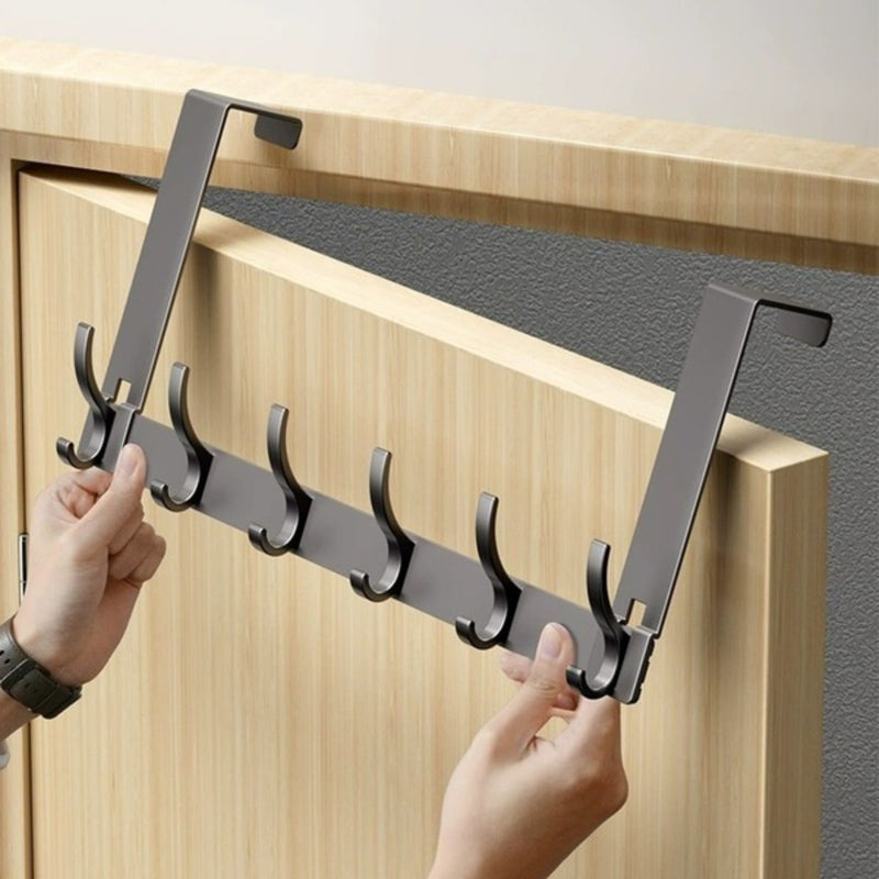 Perchero para Puerta sin Perforar de Aluminio Espacial (39cm). Colgador Multifuncional de 6 Ganchos Compatible con Puertas de 3.5 a 4.6 cm. Color Gris.