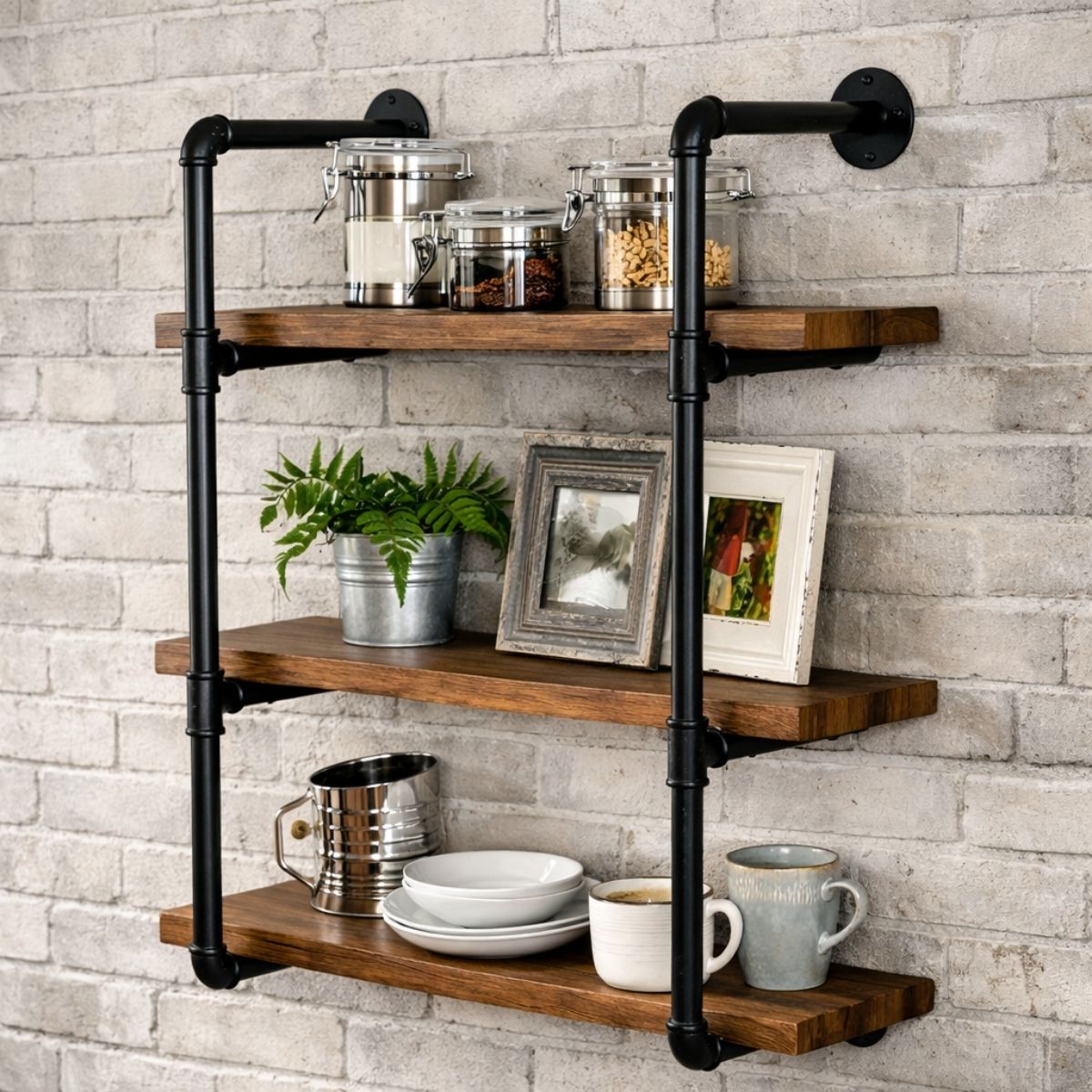 Repisas Estantes Flotantes Industrial De 3 Niveles con Tubos de Hierro y Madera Maciza. Repisa Decorativa para Sala, Cocina u Oficina (80cm)