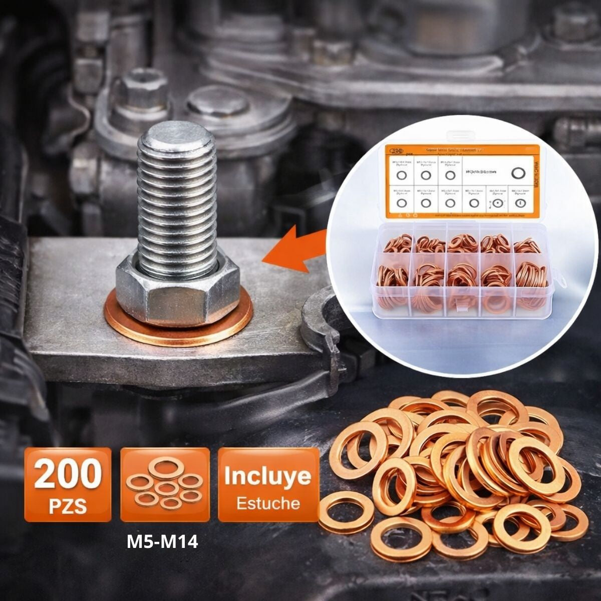 Arandelas de Cobre Métricas Set Surtido 200 Piezas para Sellado M5 a M14, Alta Resistencia y Ajuste Preciso. Guachas