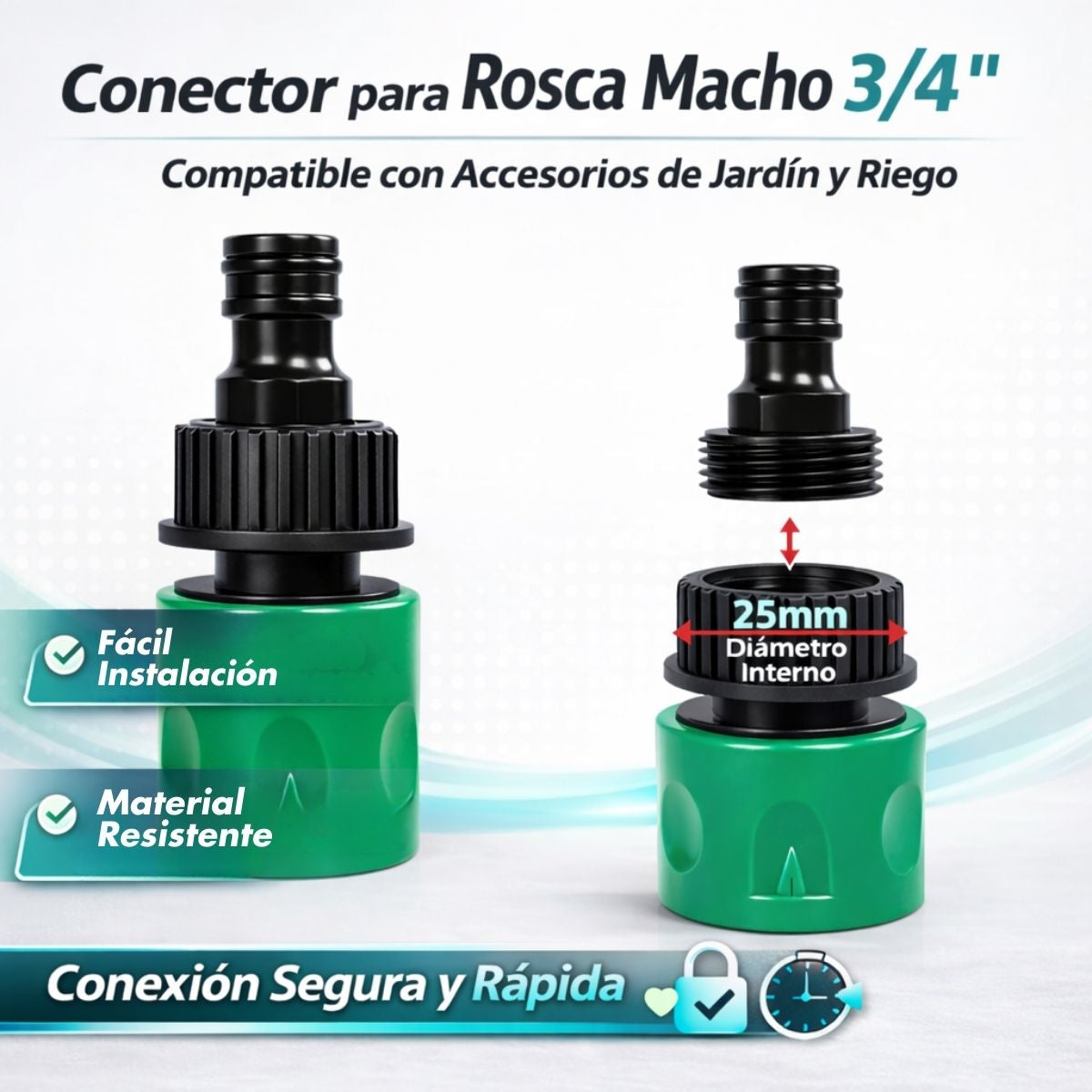 Adaptador Universal para Manguera de Jardín. Conector Rápido Macho a Rosca Hembra ¾"