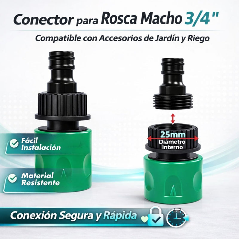 Adaptador Universal para Manguera de Jardín. Conector Rápido Macho a Rosca Hembra ¾"