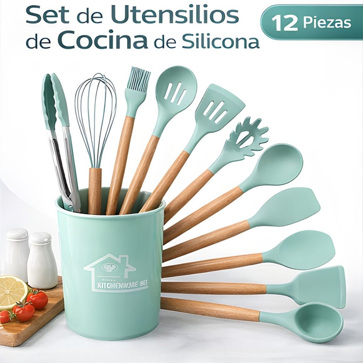 Utensilios de Cocina de Silicona Antiadherente De 12 Piezas Verde claro con Mangos de Madera. Juego De Cucharones Y Tenaza Resistente al Calor De Grado Alimenticio.