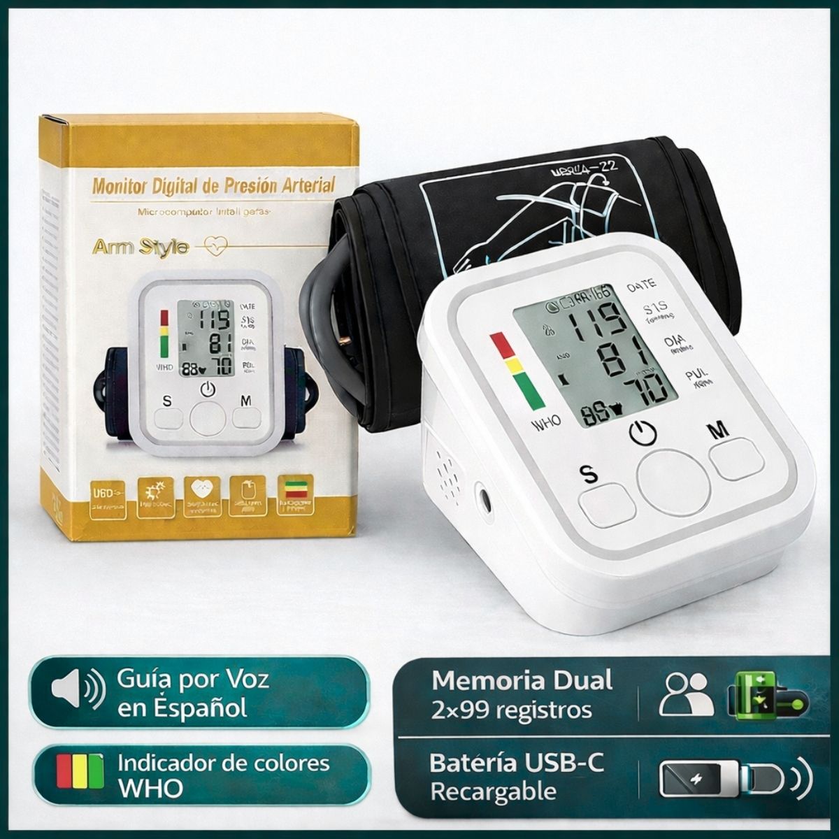 Monitor Digital de Presión Arterial Automático de Brazo. Tensiómetro con Voz en Español Pantalla Grande, Memoria Dual 2×99 Y Batería Recargable USB-C