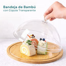 Plato Redondo de Bambú con Tapa Transparente Ideal para Postres, Pan y Snacks, Uso Doméstico y Comercial. Bandeja De Madera. Panera. 11” (28cm)