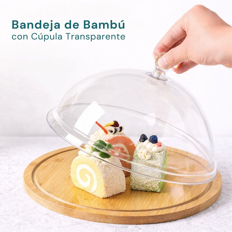 Plato Redondo de Bambú con Tapa Transparente Ideal para Postres, Pan y Snacks, Uso Doméstico y Comercial. Bandeja De Madera. Panera. 11” (28cm)