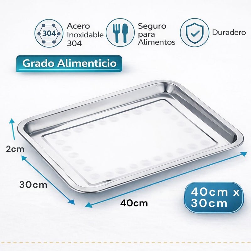 Bandeja Cuadrada de Acero Inoxidable 304 Grado Alimenticio, Bordes Redondeados y Acabado Espejo, Uso Doméstico y Comercial 40x30x2cm