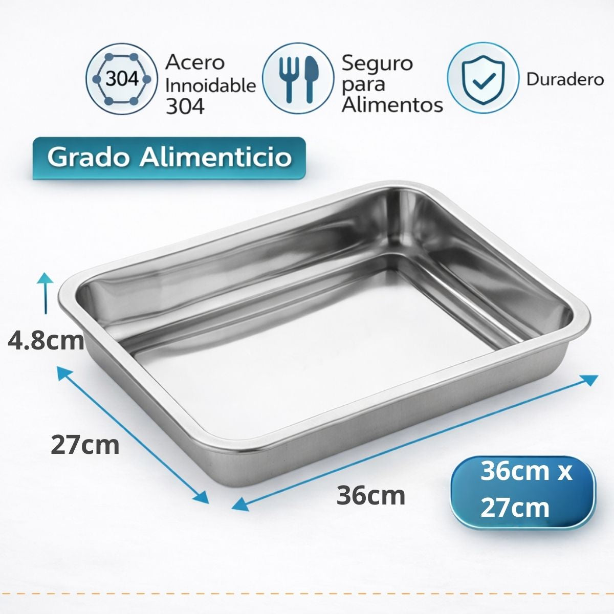 Bandeja Cuadrada de Acero Inoxidable 304 Grado Alimenticio, Bordes Redondeados y Acabado Espejo, Uso Doméstico y Comercial 36x27x4.8cm