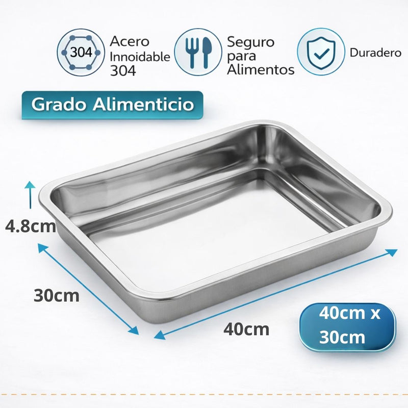 Bandeja Cuadrada de Acero Inoxidable 304 Grado Alimenticio, Bordes Redondeados y Acabado Espejo, Uso Doméstico y Comercial 40x30x4.8cm