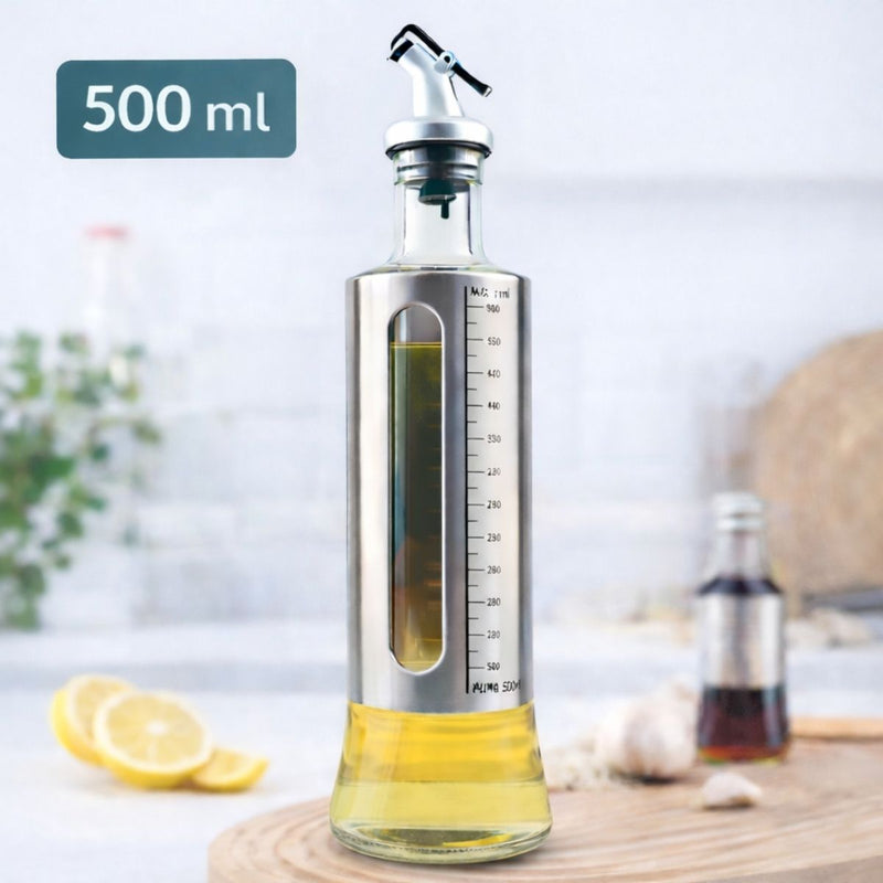 Botella Dosificadora de Aceite 500 ml con Escala Graduada, Vidrio con Funda de Acero Inoxidable, Vertido Controlado, Uso para Cocina Doméstica y Profesional