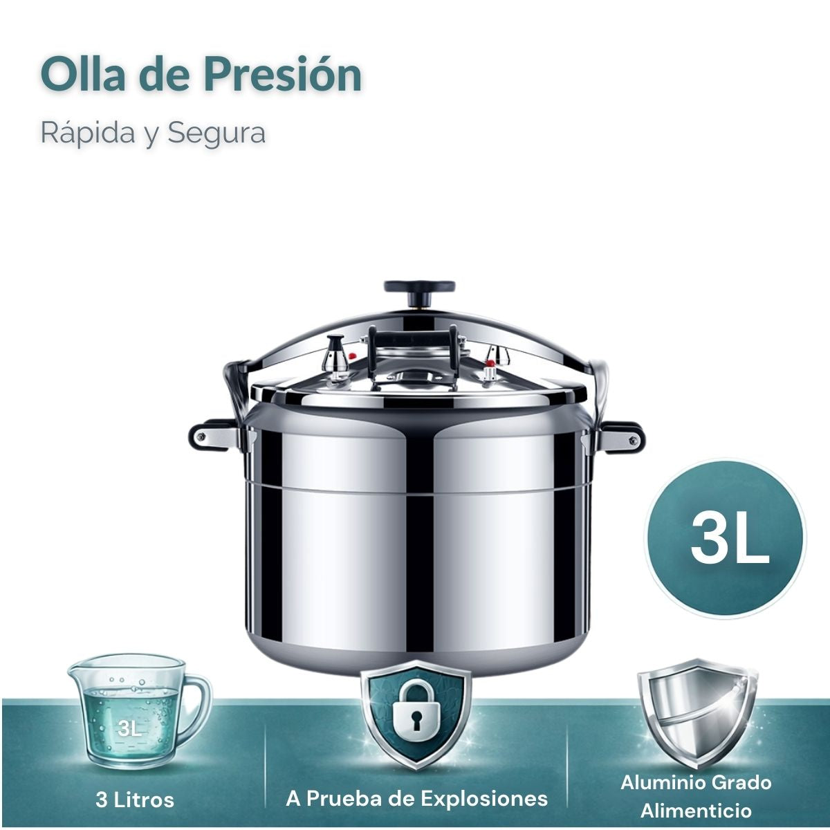 Olla de Presión De Cocción Rápida, Sistema de Seguridad con Válvulas Dobles A Prueba de Explosiones, Compatible con Gas y Cocina Eléctrica. Capacidad 3 Litros.18 cm