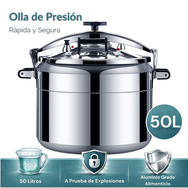 Olla de Presión De Cocción Rápida , Sistema de Seguridad con Válvulas Dobles A Prueba de Explosiones, Compatible con Gas y Cocina Eléctrica. Capacidad 50 Litros.44 cm