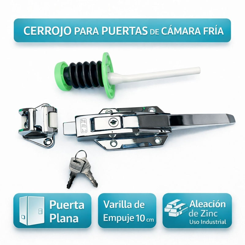 Cerradura para Cámara Fría con Manija y Llave, Sistema de Varilla de Empuje 4” (10cm). Cerrojo Aleación de Zinc Anticorrosión, Seguro Industrial para Refrigeración y Congeladores