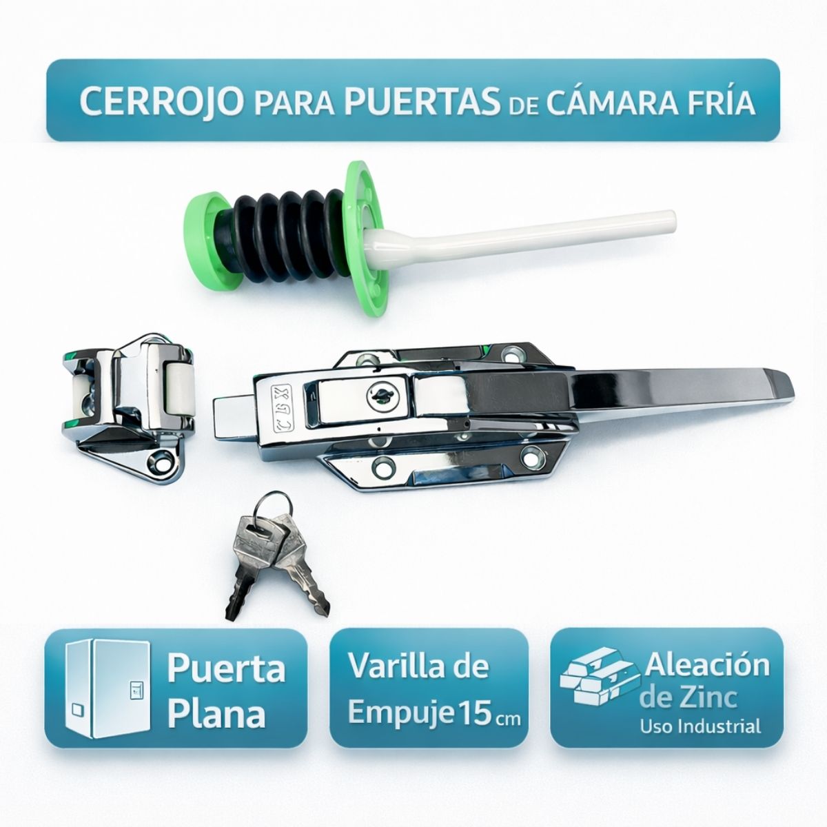 Cerradura para Cámara Fría con Manija y Llave, Sistema de Varilla de Empuje 6” (15cm). Cerrojo Aleación de Zinc Anticorrosión, Seguro Industrial para Refrigeración y Congeladores