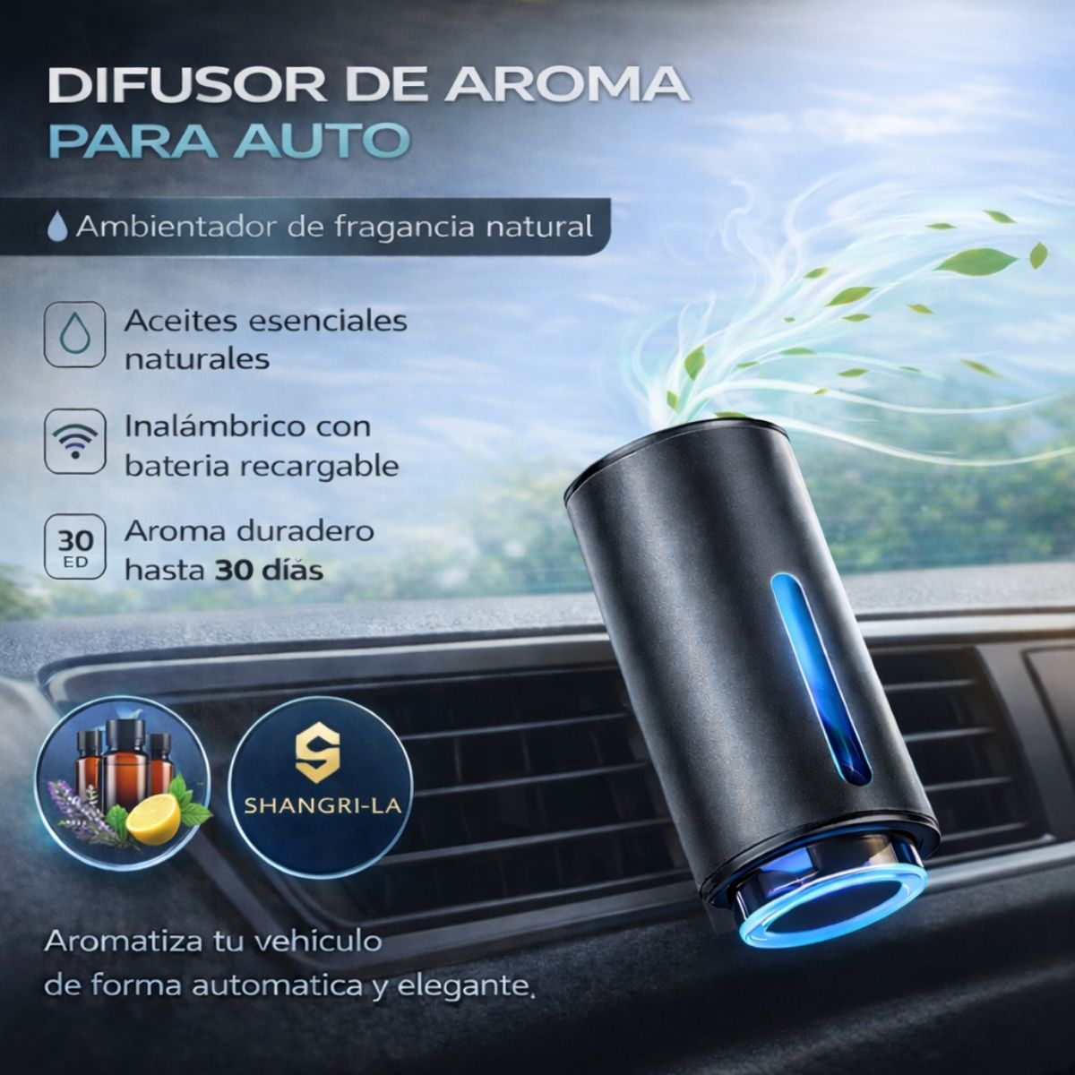 Difusor Aromatizador para Auto con Spray Inteligente. Ambientador de Aire Recargable USB-C, Cuerpo Metálico, 3 Niveles de Fragancia. (Incluye 3 Aceites Esenciales Shangri -La)