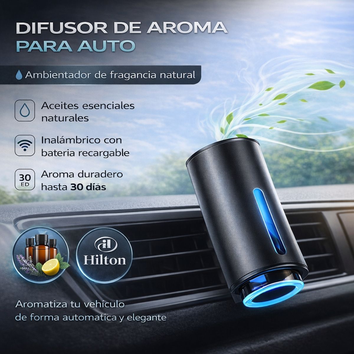 Difusor Aromatizador para Auto con Spray Inteligente. Ambientador de Aire Recargable USB-C, Cuerpo Metálico, 3 Niveles de Fragancia. (Incluye 3 Aceites Esenciales HIilton)