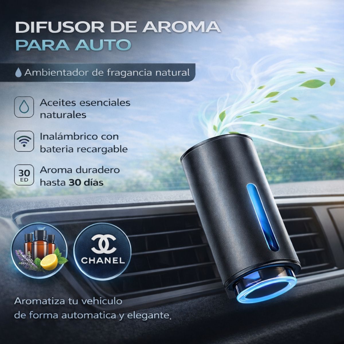 Difusor Aromatizador para Auto con Spray Inteligente. Ambientador de Aire Recargable USB-C, Cuerpo Metálico, 3 Niveles de Fragancia. (Incluye 3 Aceites Esenciales Chanel)