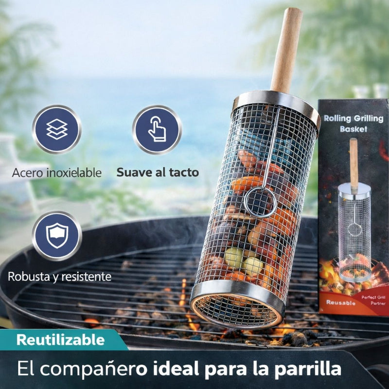 Canasta Cilíndrica Giratoria para Parrilla de Acero Inoxidable 12” (30cm) x 9.5 cm diametro Reutilizable para Verduras y Carnes BBQ. Incluye Gancho. Barbacoa.