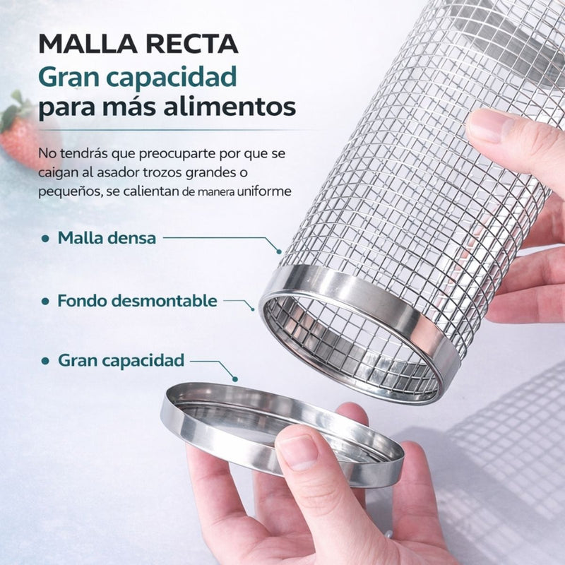 Canasta Cilíndrica Giratoria para Parrilla de Acero Inoxidable 12” (30cm) x 9.5 cm diametro Reutilizable para Verduras y Carnes BBQ. Incluye Gancho. Barbacoa.