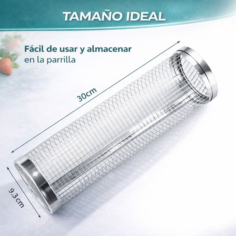 Canasta Cilíndrica Giratoria para Parrilla de Acero Inoxidable 12” (30cm) x 9.5 cm diametro Reutilizable para Verduras y Carnes BBQ. Incluye Gancho. Barbacoa.
