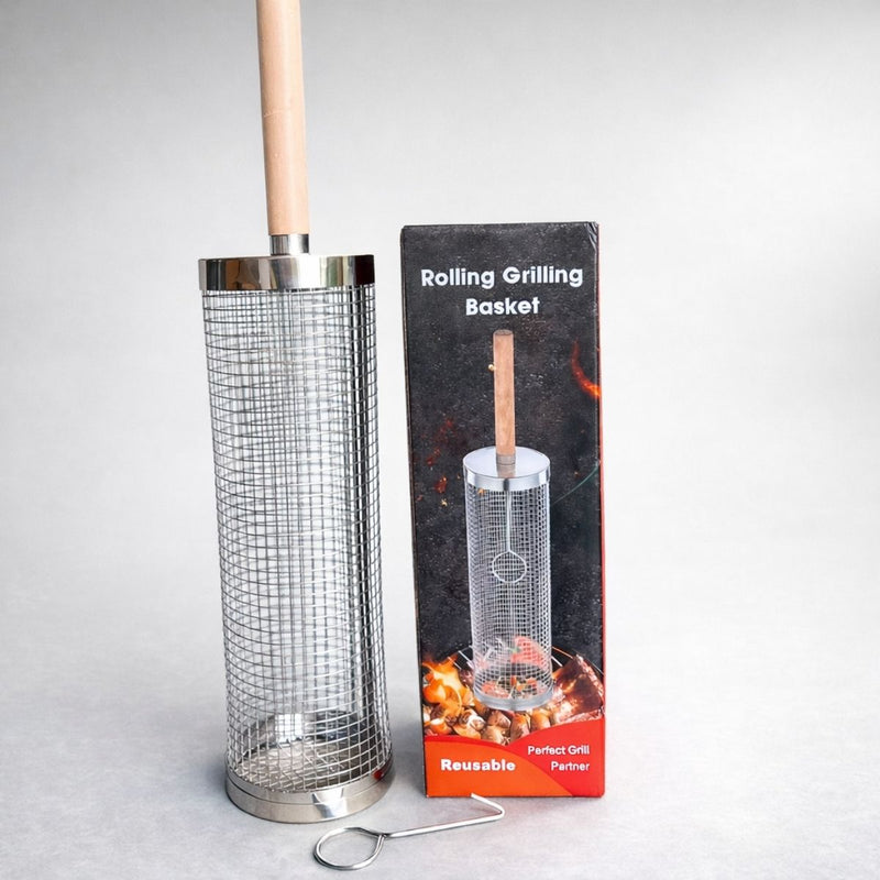 Canasta Cilíndrica Giratoria para Parrilla de Acero Inoxidable 12” (30cm) x 9.5 cm diametro Reutilizable para Verduras y Carnes BBQ. Incluye Gancho. Barbacoa.