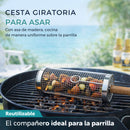 Canasta Cilíndrica Giratoria para Parrilla de Acero Inoxidable 12” (30cm) x 9.5 cm diametro Reutilizable para Verduras y Carnes BBQ. Incluye Gancho. Barbacoa.