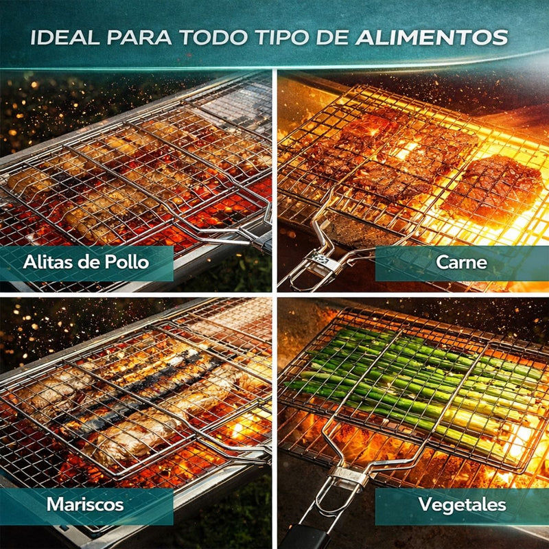 Parrilla Canastilla Cuadrada para BBQ de Acero Inoxidable 48*33 aprox cm con Mango Antideslizante. Rejilla Doble para Carne Pescado Verduras y Alitas. Barbacoa. Grill