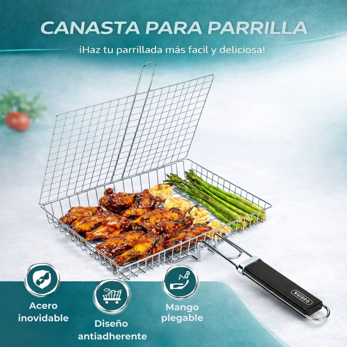 Parrilla Canastilla Cuadrada para BBQ de Acero Inoxidable 48*33 aprox cm con Mango Antideslizante. Rejilla Doble para Carne Pescado Verduras y Alitas. Barbacoa. Grill