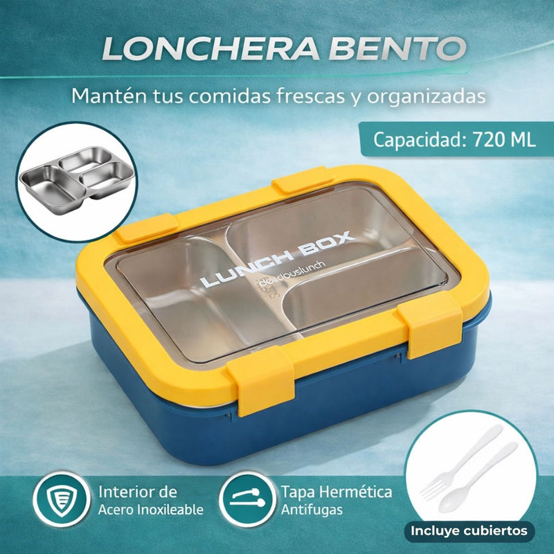 Lonchera Térmica con Calentamiento por Vapor 3 compartimientos 720ml. Lunch Box Portátil con Bandeja de Acero Inoxidable. Contenedor de Comida Caliente para Oficina, Trabajo y Escuela
