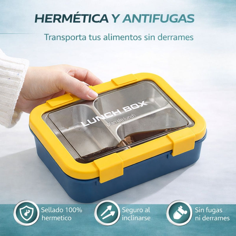 Lonchera Térmica con Calentamiento por Vapor 3 compartimientos 720ml. Lunch Box Portátil con Bandeja de Acero Inoxidable. Contenedor de Comida Caliente para Oficina, Trabajo y Escuela