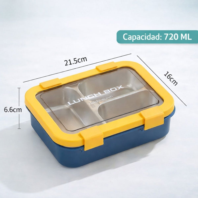 Lonchera Térmica con Calentamiento por Vapor 3 compartimientos 720ml. Lunch Box Portátil con Bandeja de Acero Inoxidable. Contenedor de Comida Caliente para Oficina, Trabajo y Escuela