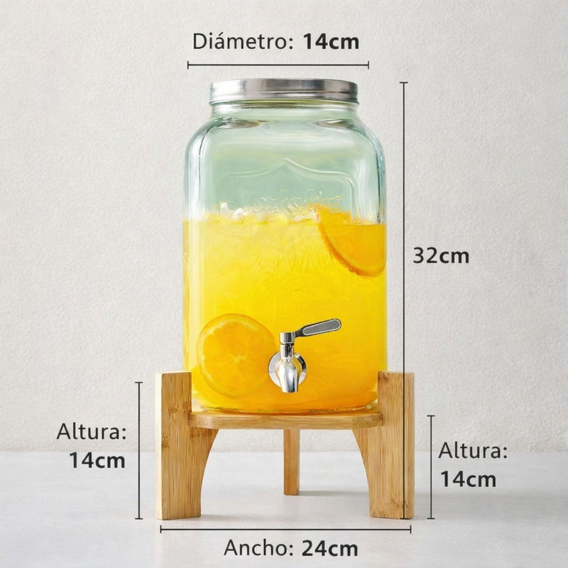 Dispensador de Bebidas de Vidrio (8 Litros). Grifo de Acero Inoxidable y Base de Bambú.