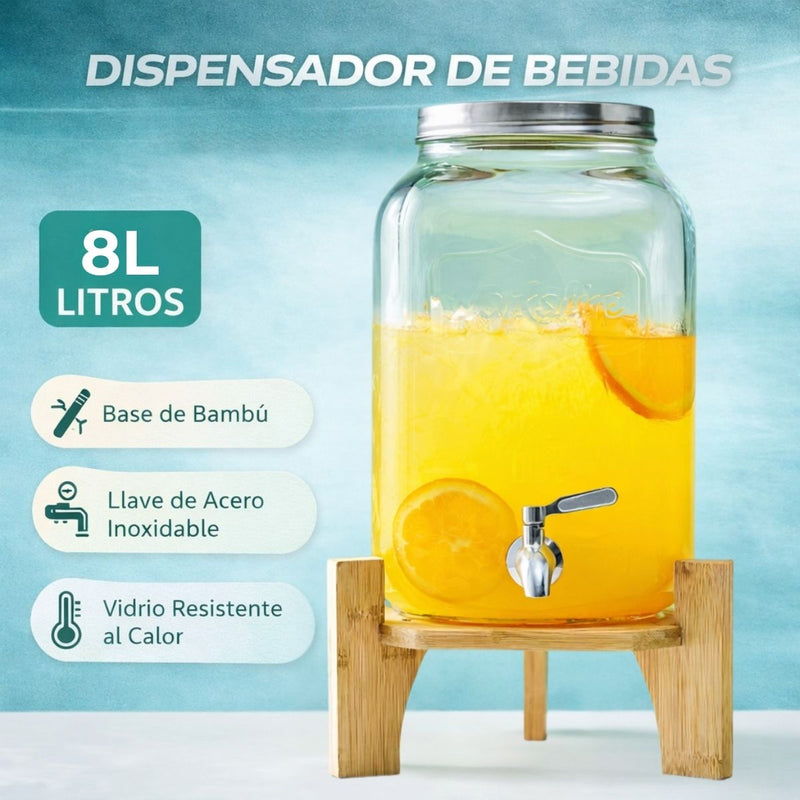 Dispensador de Bebidas de Vidrio (8 Litros). Grifo de Acero Inoxidable y Base de Bambú.