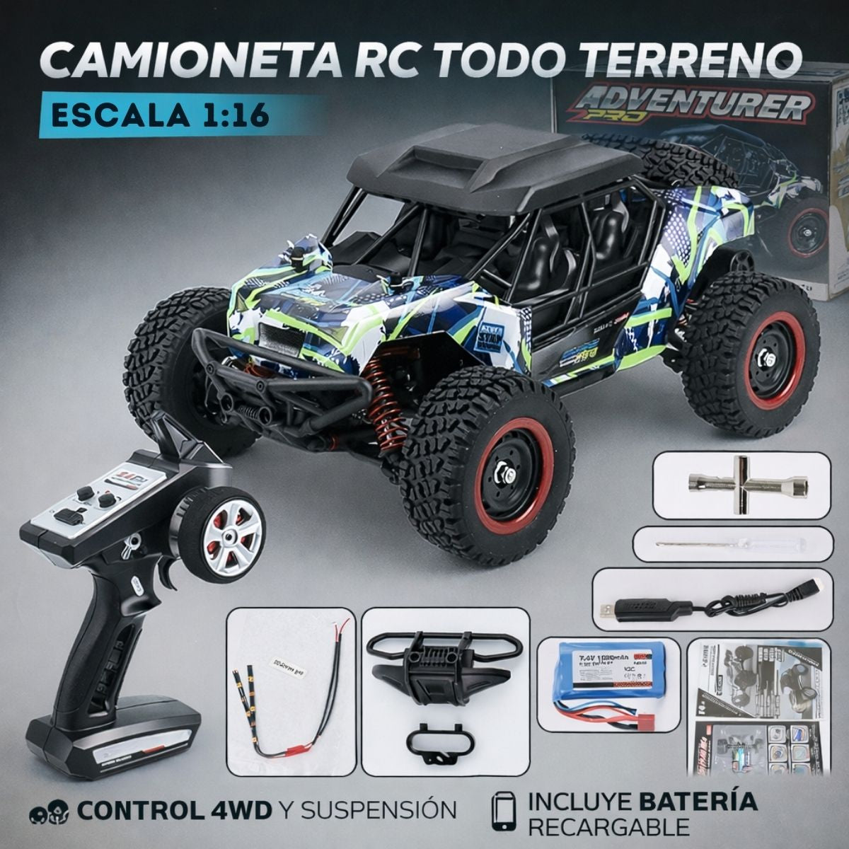 Juguete Carro Todoterreno 1:16 4WD Alta Velocidad. Camioneta Off Road con Motor Sin Escobillas, Luces LED y Batería Recargable. Juguete a Control Remoto 16106 Pro