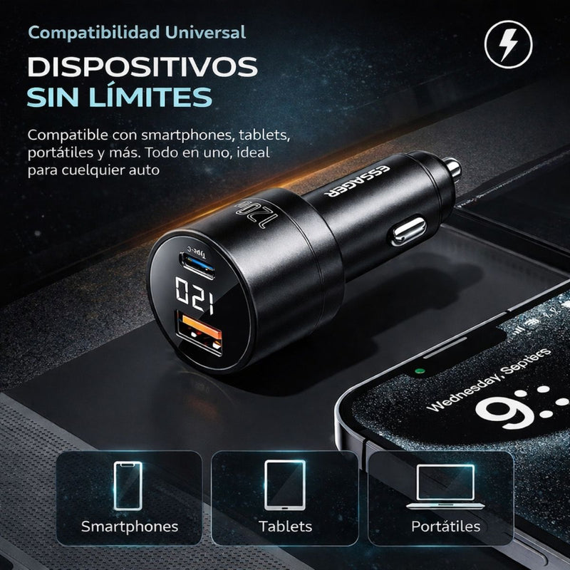 Cargador de Auto De 120W Con Puerto USB-A y USB-C Carga Rápida con Pantalla Digital 12V-24V Para Telefonos, Tablets, Laptop.
