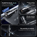 Cargador de Auto De 120W Con Puerto USB-A y USB-C Carga Rápida con Pantalla Digital 12V-24V Para Telefonos, Tablets, Laptop.