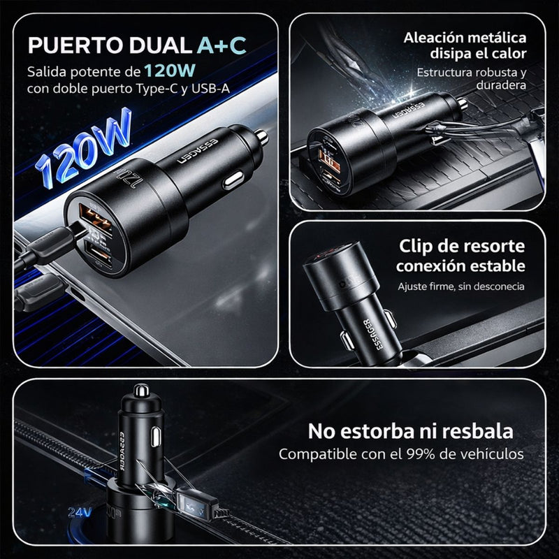 Cargador de Auto De 120W Con Puerto USB-A y USB-C Carga Rápida con Pantalla Digital 12V-24V Para Telefonos, Tablets, Laptop.