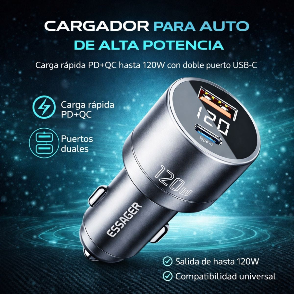 Cargador de Auto De 120W Con Puerto USB-A y USB-C Carga Rápida con Pantalla Digital 12V-24V Para Telefonos, Tablets, Laptop.