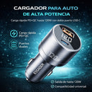 Cargador de Auto De 120W Con Puerto USB-A y USB-C Carga Rápida con Pantalla Digital 12V-24V Para Telefonos, Tablets, Laptop.