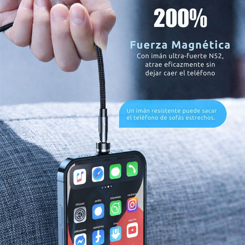 Cable cargador Magnético 3 en 1 USB C Micro USB Lightning Carga Rápida 3A Rotación 540°. Longitud 2 Metros.