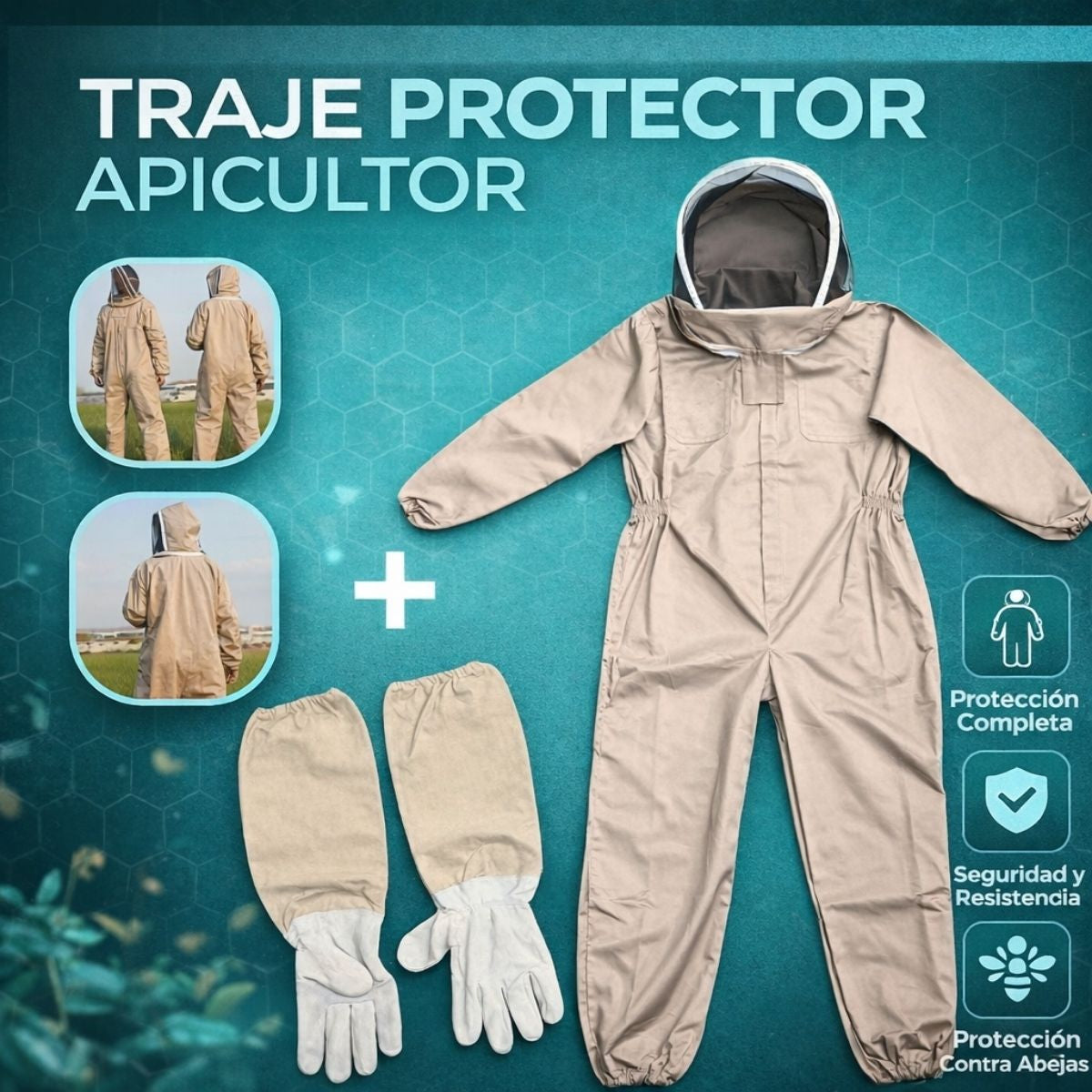 Traje de Protección de abejas para Apicultura Con Velo Integrado y Guantes cuero Incluidos. Overol Antipicaduras para Apicultores Color Beige. Talla XL