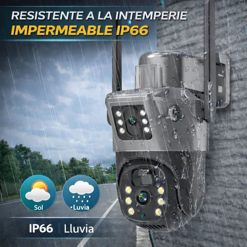 Cámara de Seguridad Solar Exterior WiFi con Panel Solar Y Doble Lente 360°, Detección PIR y Visión Nocturna HD. Camara de Videovigilancia PTZ  y SD 32G. Color Gris.