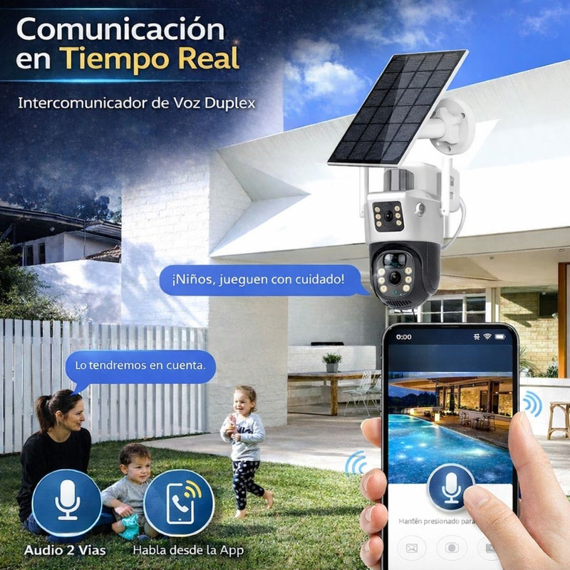 Cámara de Seguridad Solar Exterior 4G con Panel Solar Y Doble Lente 360°, Detección PIR y Visión Nocturna HD. Camara de Videovigilancia PTZ  y SD 32G. Color Gris.
