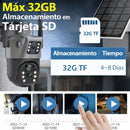 Cámara de Seguridad Solar Exterior 4G con Panel Solar Y Doble Lente 360°, Detección PIR y Visión Nocturna HD. Camara de Videovigilancia PTZ  y SD 32G. Color Gris.