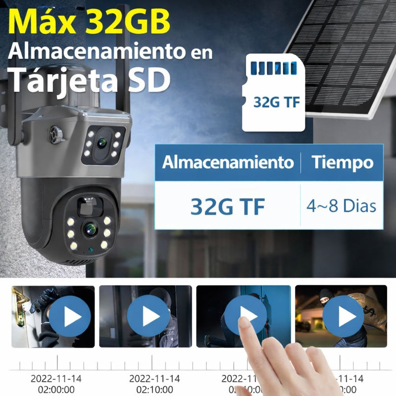 Cámara de Seguridad Solar Exterior WiFi con Panel Solar Y Doble Lente 360°, Detección PIR y Visión Nocturna HD. Camara de Videovigilancia PTZ  y SD 32G. Color Gris.
